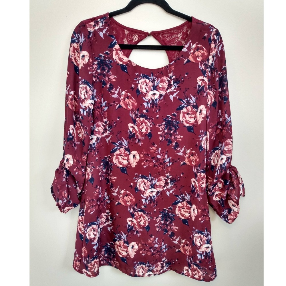 Romantic Dark Florals Lace Back Keyhole Burgundy Long Sleeve Dress Tunic Small
